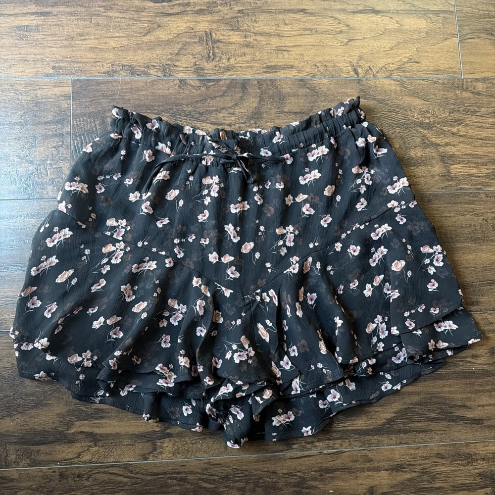 Unbranded Floral Ruffle Skort XL Black Boho Summer Casual Tiered Skirt Shorts